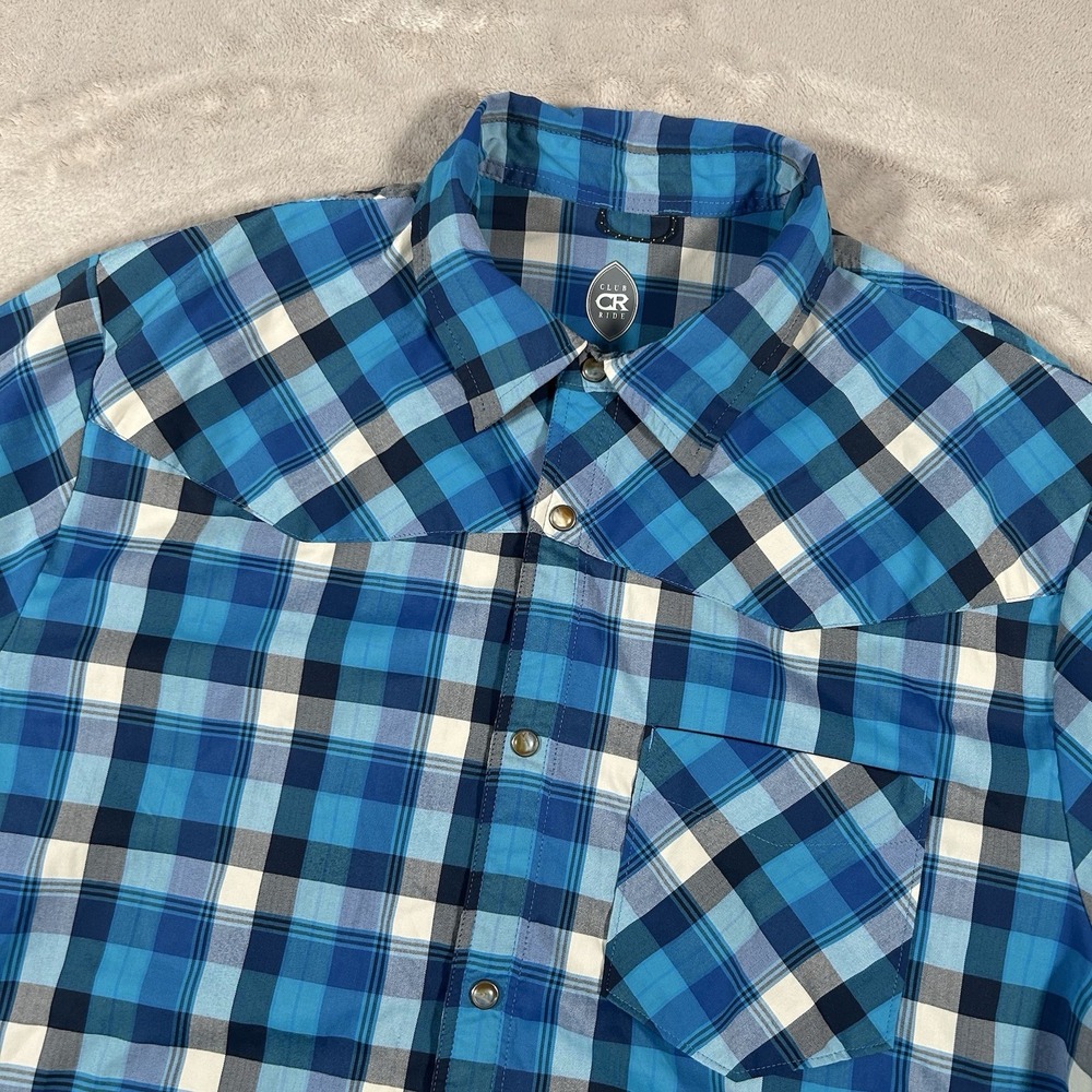 Club Ride New West Shirt Mens XL Blue Plaid Cycling Pearl Snap Zip Pocket Vented
